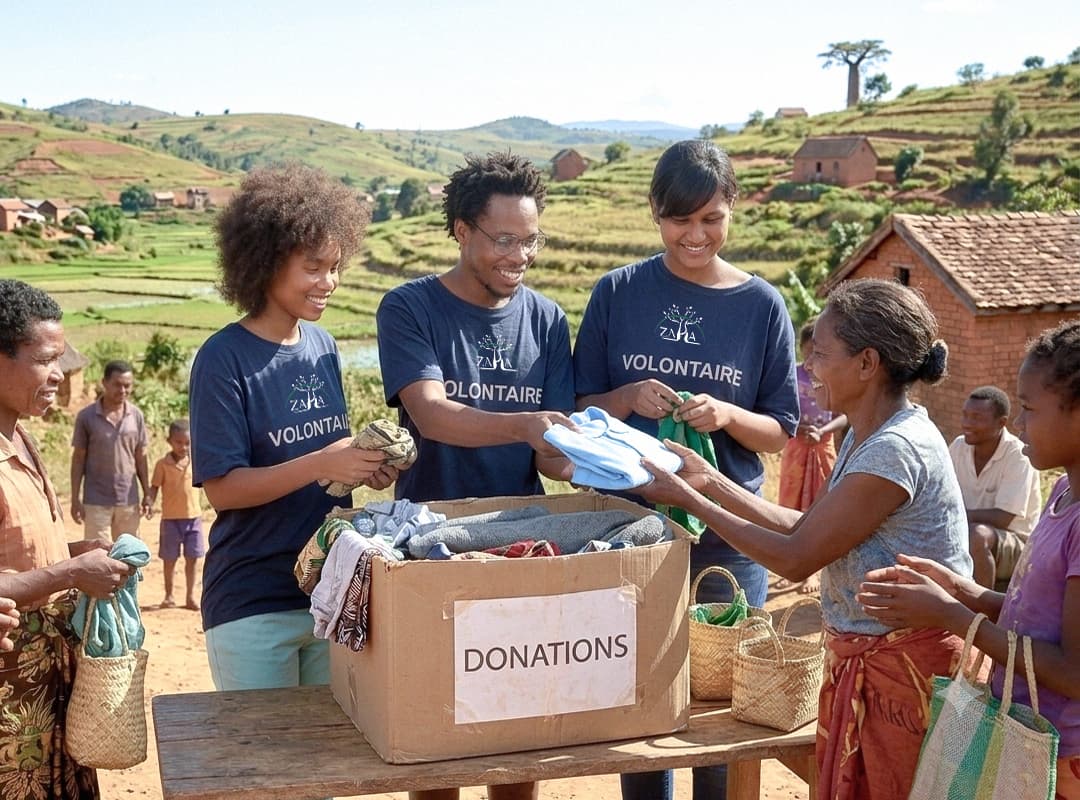 Volontaires ZAHA distribuant des vêtements à des familles malgaches sur le terrain